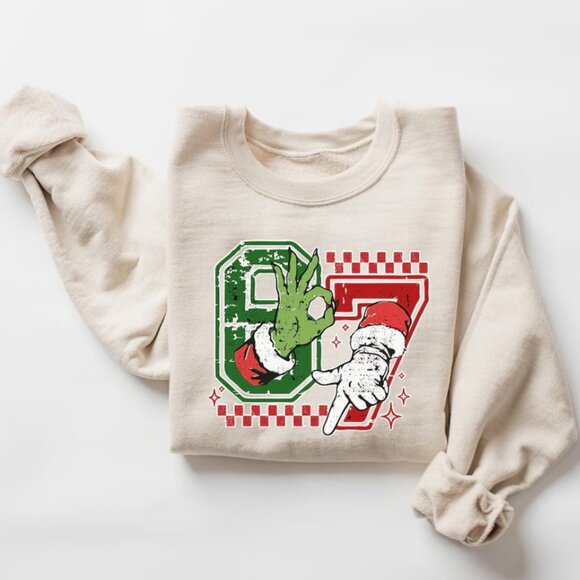 Gildan Tops - Six Seven Meme Christmas Grinch and Santa Sweatshirt, Viral Funny 6 7 Christmas